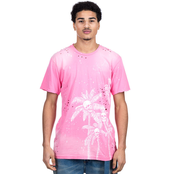 Dom Rebel - Skull Palms Paint Splatter Tee in Pink