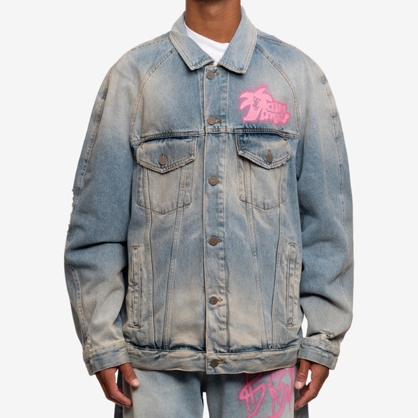 Palm Angels Mens Spray Hunter Denim Jacket in Light Blue