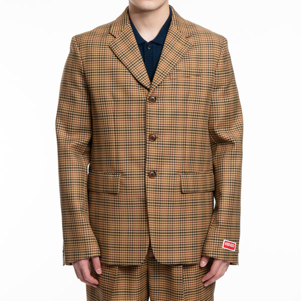 KENZO Mens Checked 3 Button Slim Jacket in Dark Camel