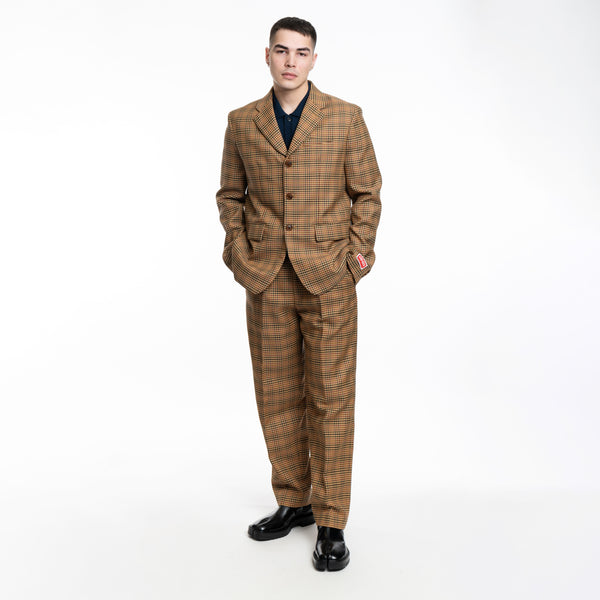 KENZO Mens Checked 3 Button Slim Jacket in Dark Camel
