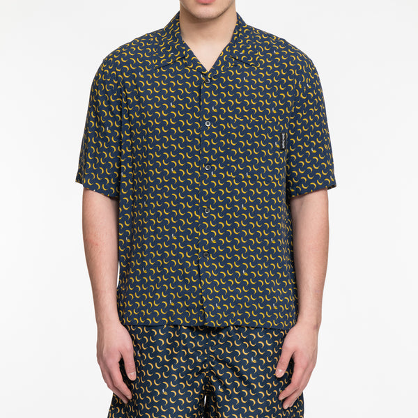 Palm Angels Mens Banana Bowling Shirt in Navy