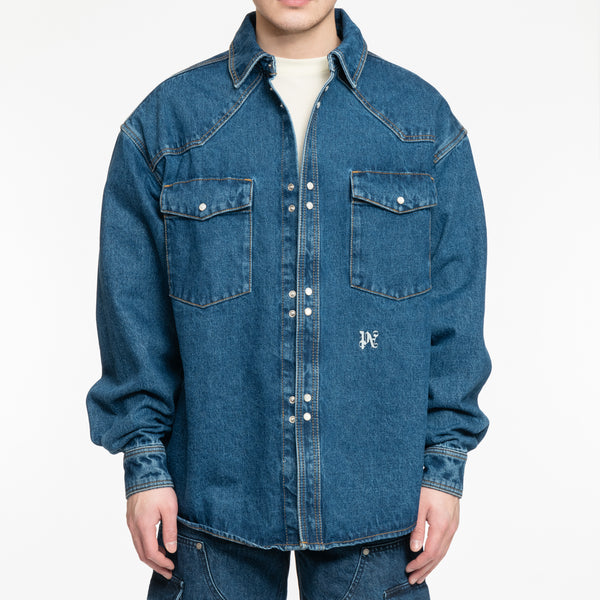 Palm Angels Overshirt LW Monogram Denim Shirt in Light Blue