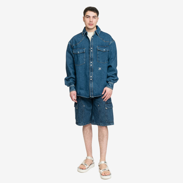Palm Angels Overshirt LW Monogram Denim Shirt in Light Blue