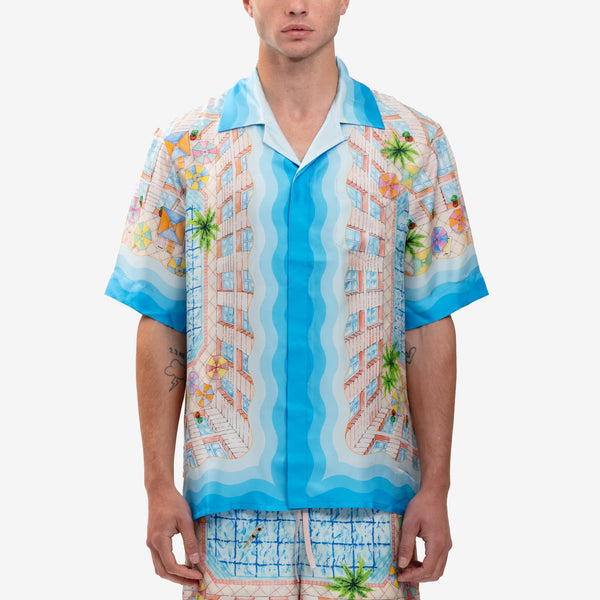 Mens Casablanca Le Plongeon SS Silk Shirt in Blue