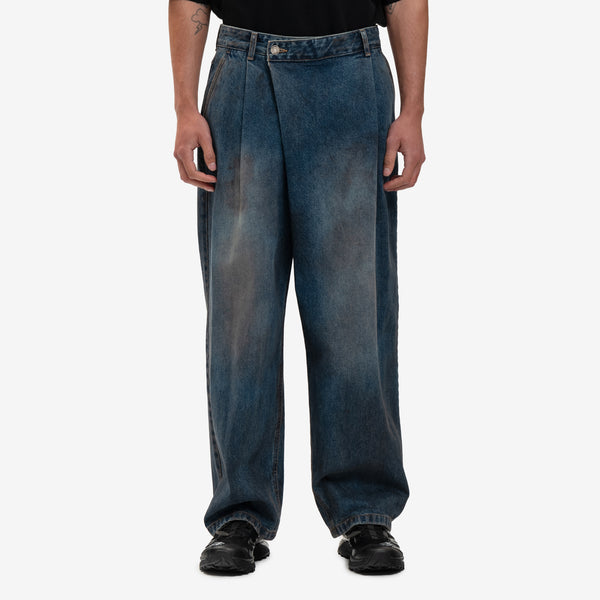 Juun.J Mens Oil Wash Asymmetrical Denim Pants in Blue