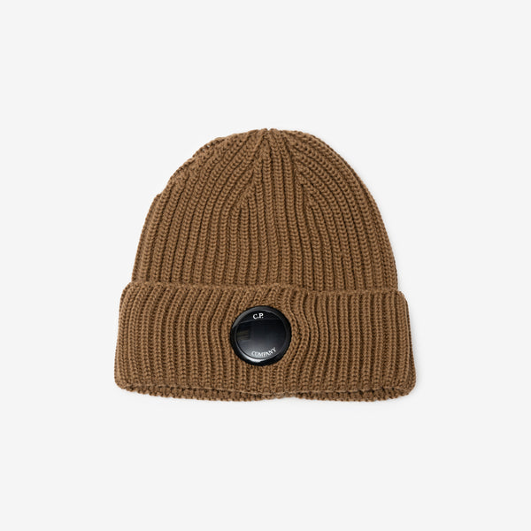 Mens C.P. Company Extra Fine Wool Lens Beanie in Toffee