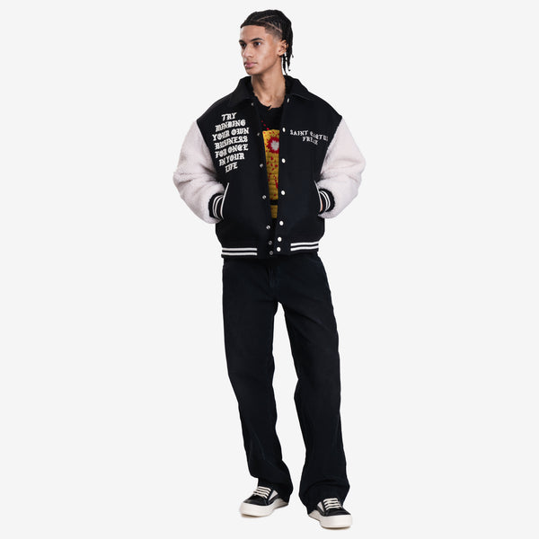 Mens Saint Mxxxxxx CPFM Smile Varsity Jacket in Black