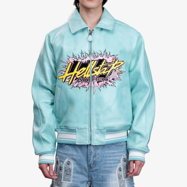 Hellstar x Avirex Mens Icon Leather Jacket in Blue