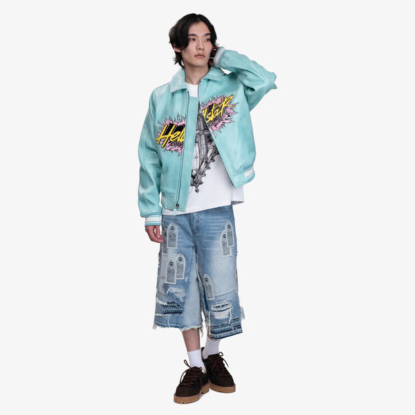 Who Decides War Mens Patched Arch Repaired Blowout Shorts in Sky