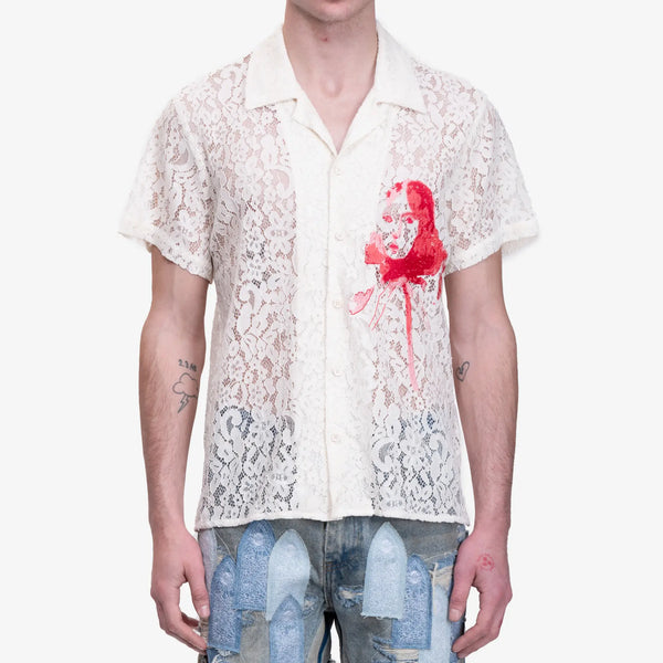 Kidsuper Mens Lace Girl Painting Shirt in Cream