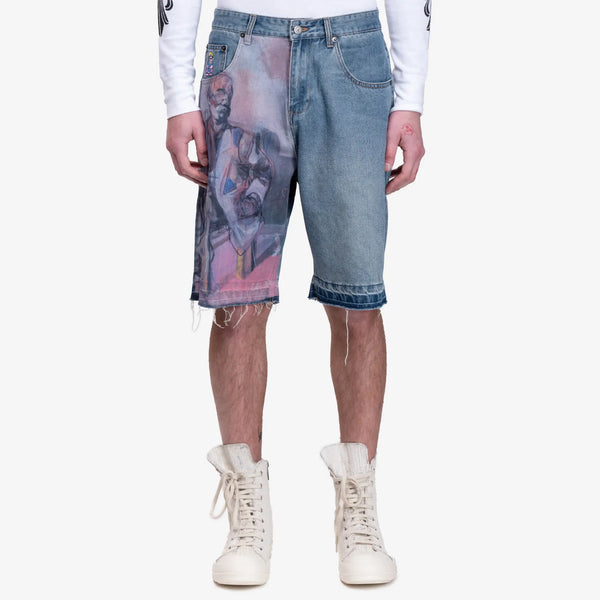 Kidsuper Mens Painted Panel Shorts in Light Wash
