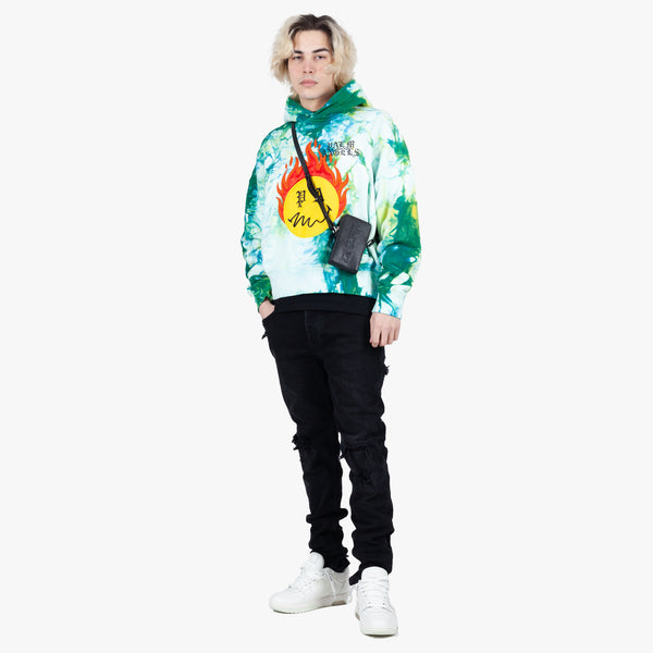 Palm Angels Mens Tie Dye Burning Head Hoodie in Forest Green
